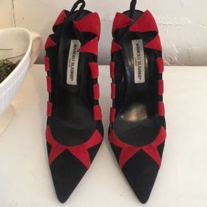 Manolo Blahnik Sopian black & red suede sling back